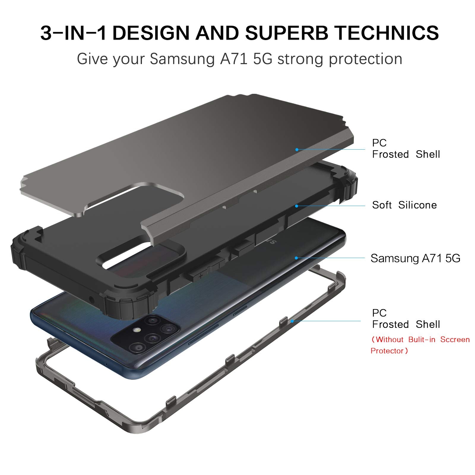 Bentoben Compatible With Samsung A71 5G Case, 3 Layer Hybrid Hard Pc Soft Rubber Heavy Duty Rugged Bumper Shockproof Anti Slip F