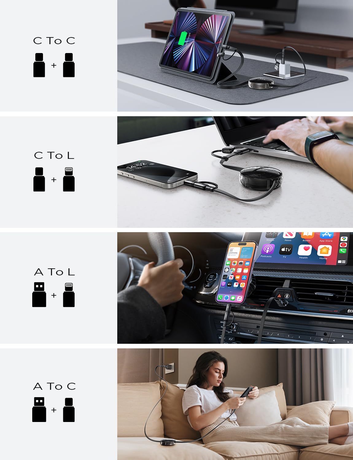 Lisen Retractable Charger, 60W Pd3.0 Fast Retractable Phone Wall Plug, 5 In 1 Retractable Lightning Cable For Macbook Pro Air, S