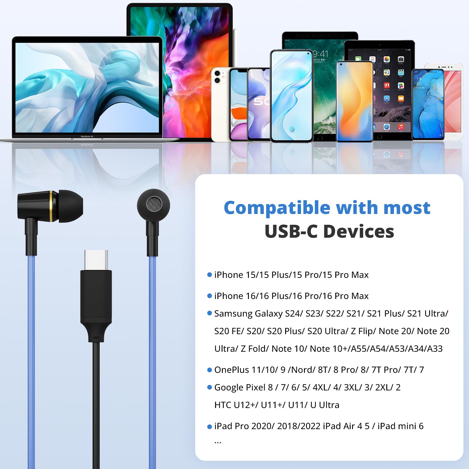 Kinden Air Tube Headphones Usb C Headphones Wired For Iphone 16 15,Usb Type C Earbuds Earphones With Microphone Noise Cancelling