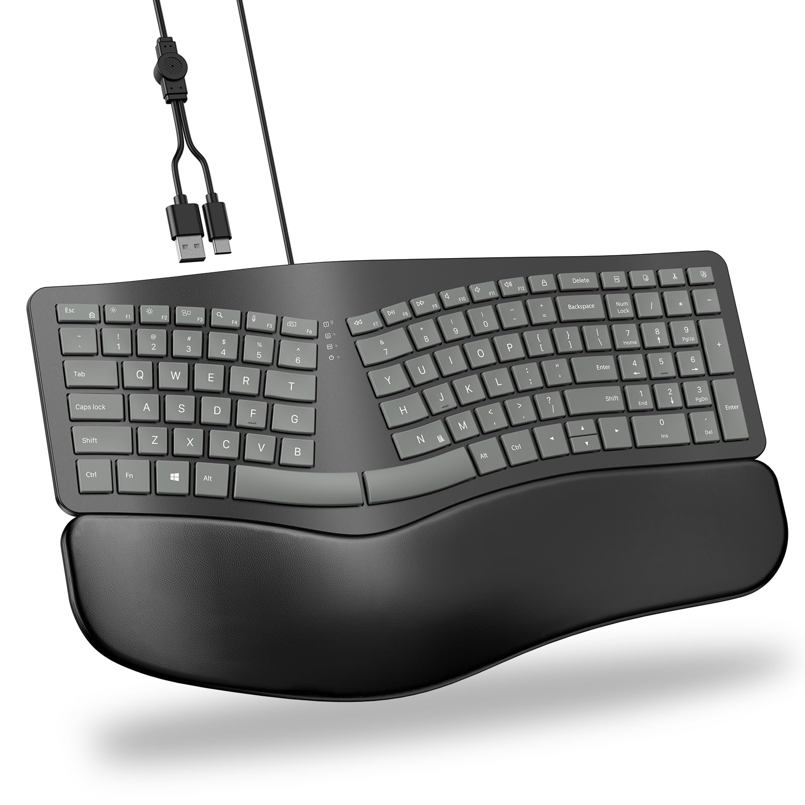 OMOTON USBA TypeC Ergonomic Keyboard Wired with Cushioned Wrist Rest
