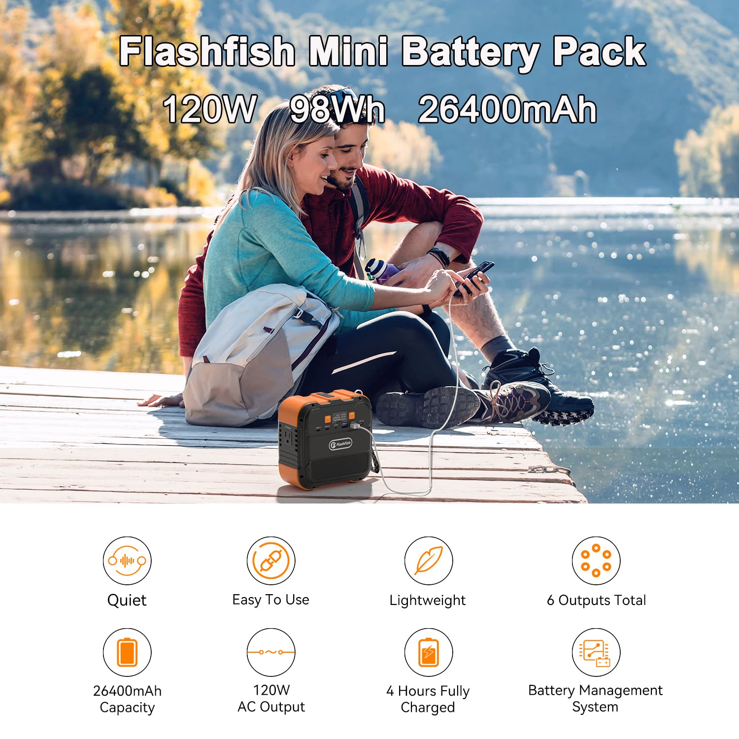 Portable Power Station 98Wh, Ff Flashfish Solar Generator 120W Backup Power Battery Pack With Ac/Dc/Type C/Usb/Flashlight, 110V