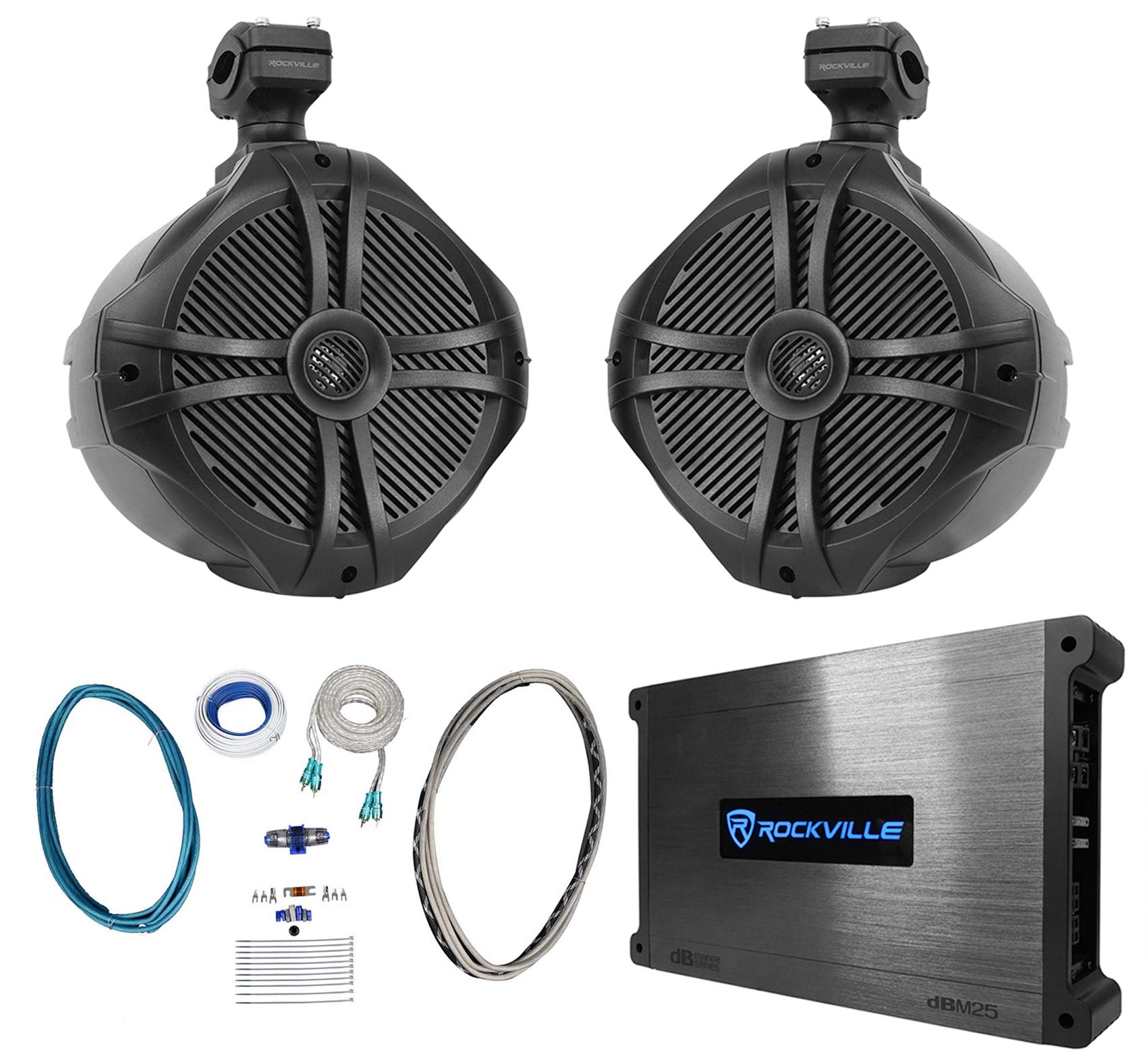Rockville RWB90B Bundle: Pair 8 in 300-Watt Peak/200-Watt RMS Wakeboard Swivel Tower Marine Speakers, DBM25 Class-AB 2-Channel M