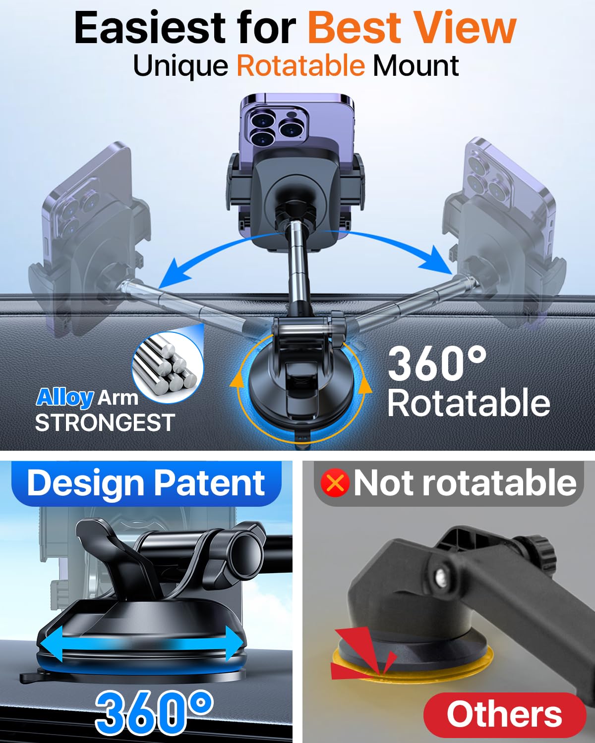 ?True Military-Grade?Yru Car Phone Holder?Upgraded Strongest & Rotatable Suction Cup?Cell Phone Mount For Dashboard Windshield,