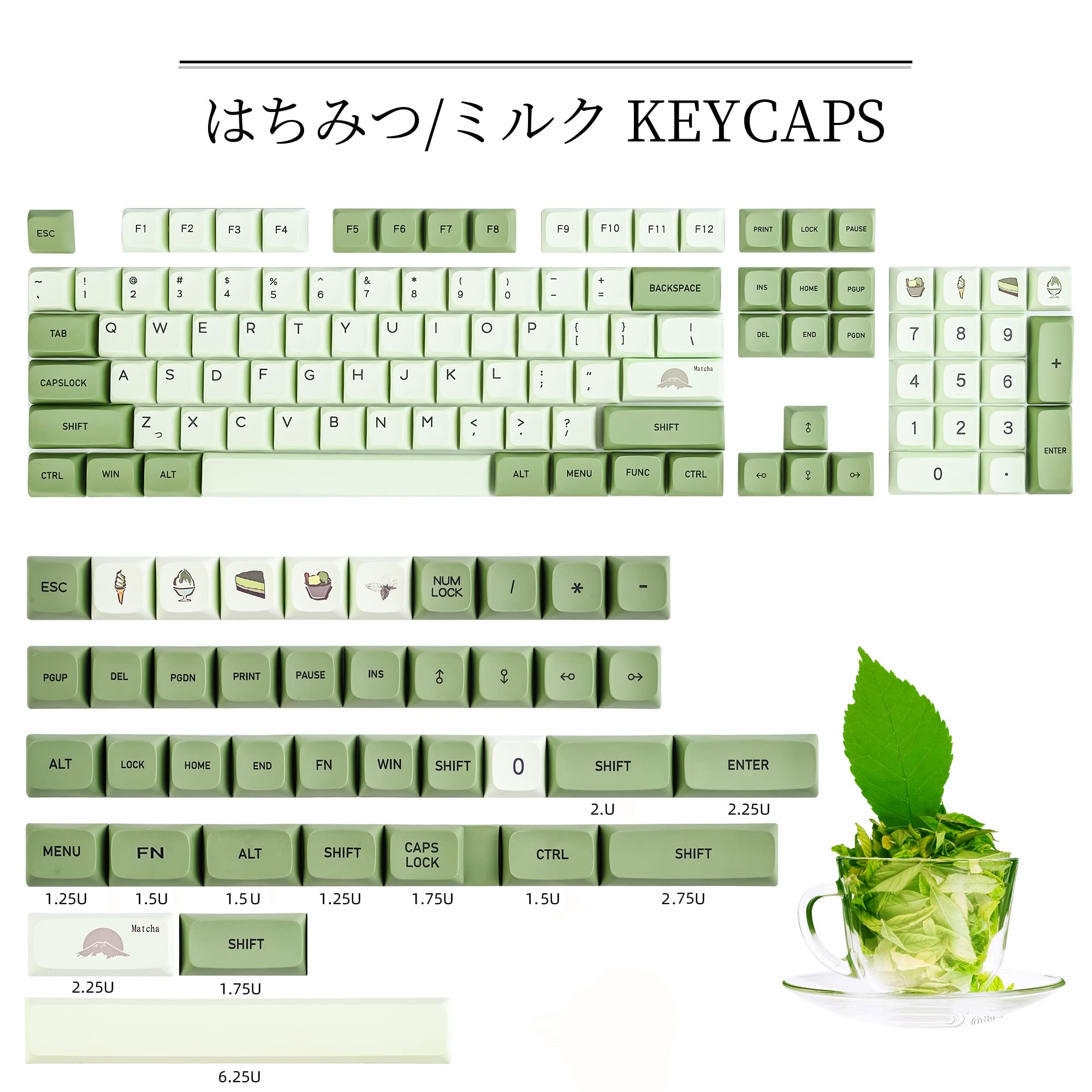 Gtsp 124 Key Matcha Keycaps For 65 75 100 Percent 60% Keyboard Xda Keycap Set Dye Sub For Cherry Mx Gateron Kailh Switch (Matcha