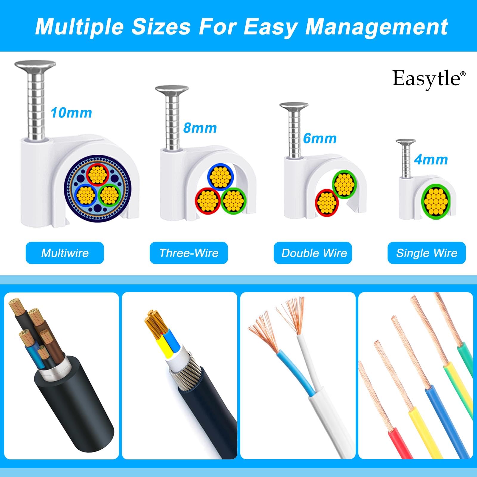 400 Pcs Cable Clips 4/6/8/10Mm Nail In Cable Clips With Steel Ethernet Cable Clips Cable Wire Clips Cable Tacks Cable Nails Spea