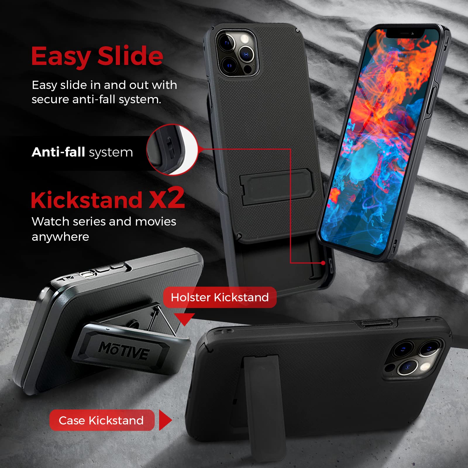 MOTIVE iPhone 13 Pro Case Holster Heavy Duty Rugged Drop Shockproof with Kickstand Belt Clip Black 6.1 inch