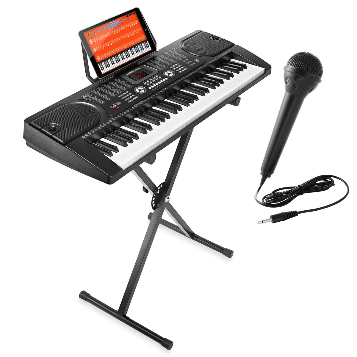 Hamzer 61 Key Electronic Piano Electric Organ Music Keyboard With Stand, Microphone, & Sticker Sheet   Black