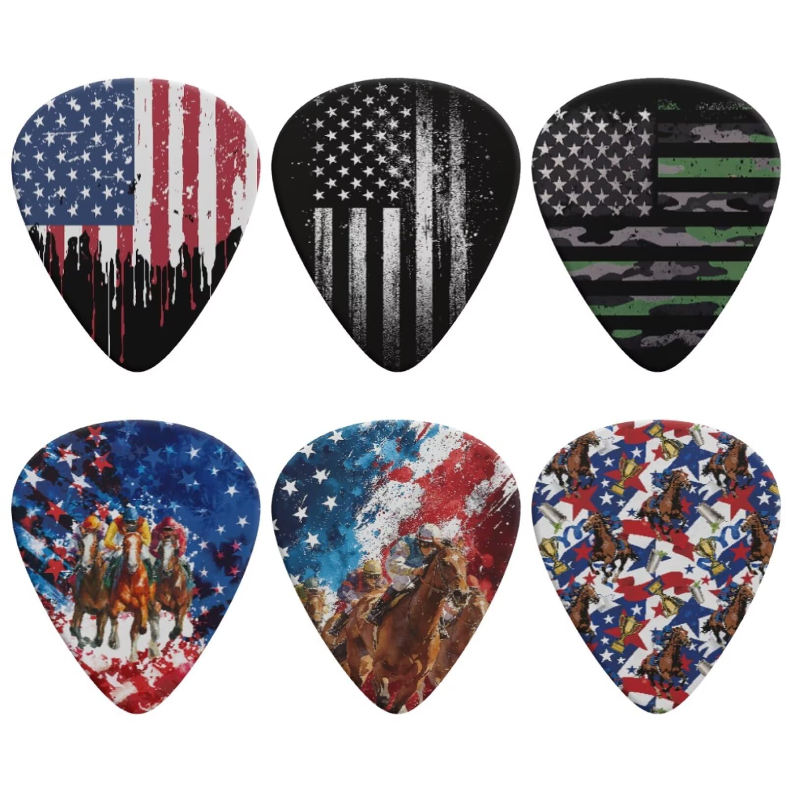 Jeiento American Flag Horse Racing Guitar Picks Set of 6,Electric Guitar Bass Guitars Accessories for Women Men Music Lover
