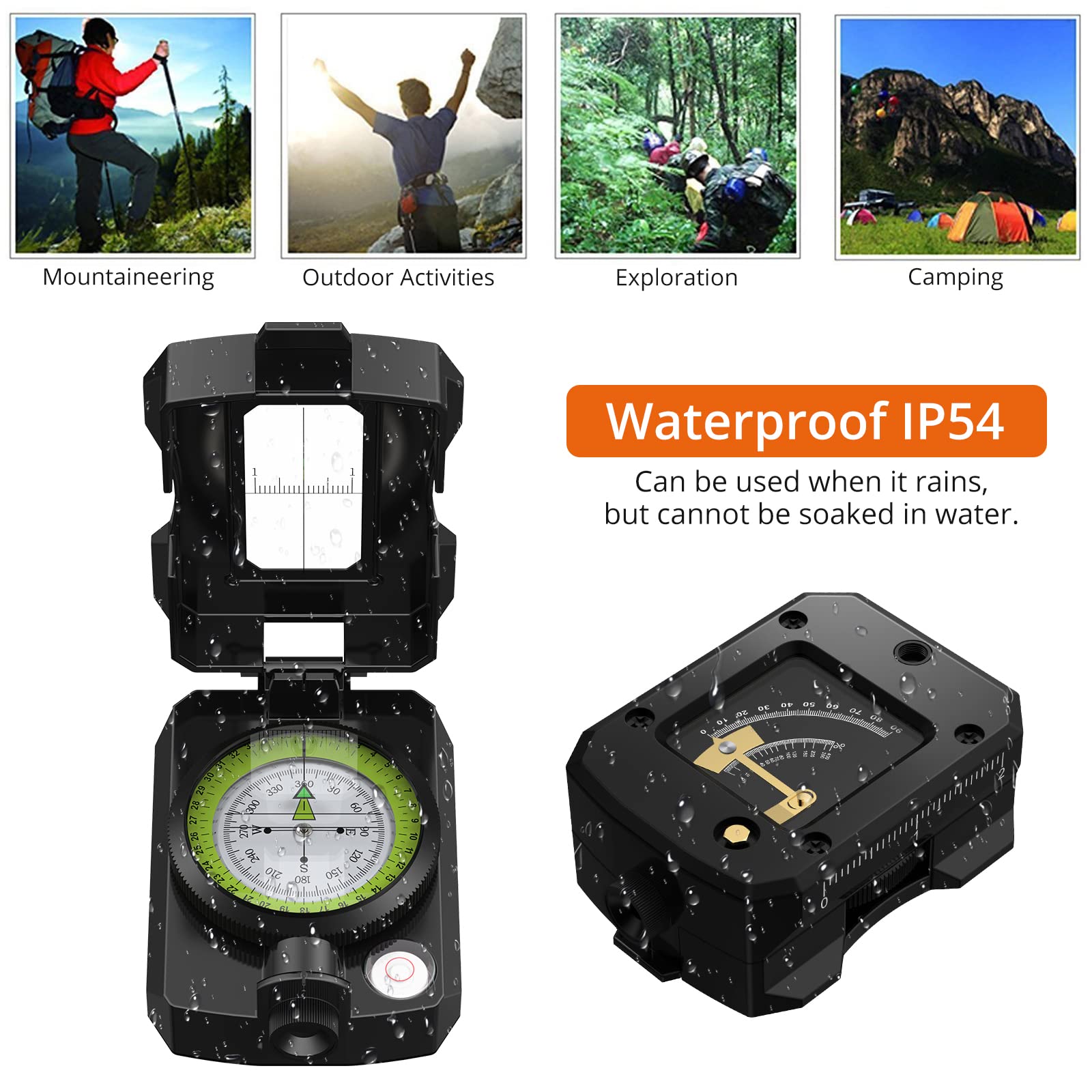 Proster Ip54 Hiking Compass Professional Military Compass Aluminum Alloy Camping Compass Waterproof With Sighting Clinometer