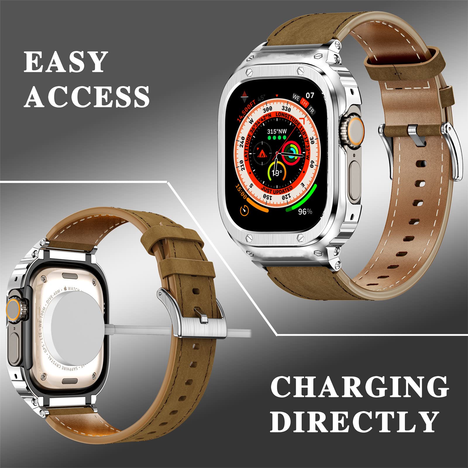 Suplink Leather Watch Bands With Stainless Steel Case Compatible With Apple Watch Ultra 2 Band 49Mm,Genuine Leather Replacement