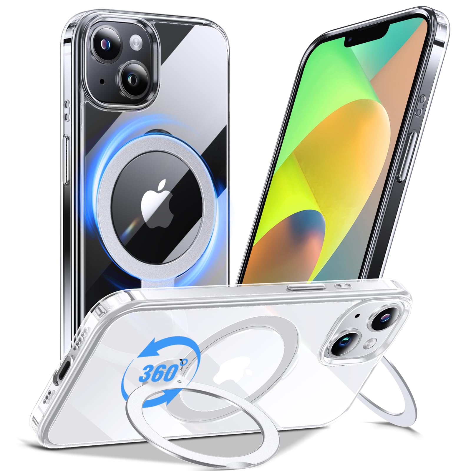 Anqrp 360 All-in-ONE Crystal Clear Case for iPhone 14/13 with Rotatable Magnetic Stand, Compatible with Mag-Safe, Anti-Yellowing