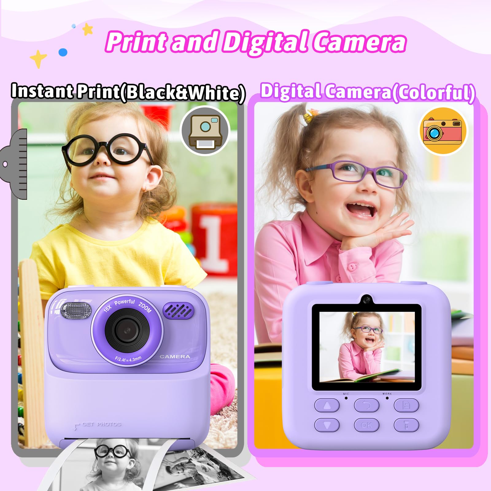 Upgrade Kids Camera Instant Print For Boys And Girls, 1080P Hd Dual Lens Selfie Digital Camera With Print Paper & 32G Card, Chri