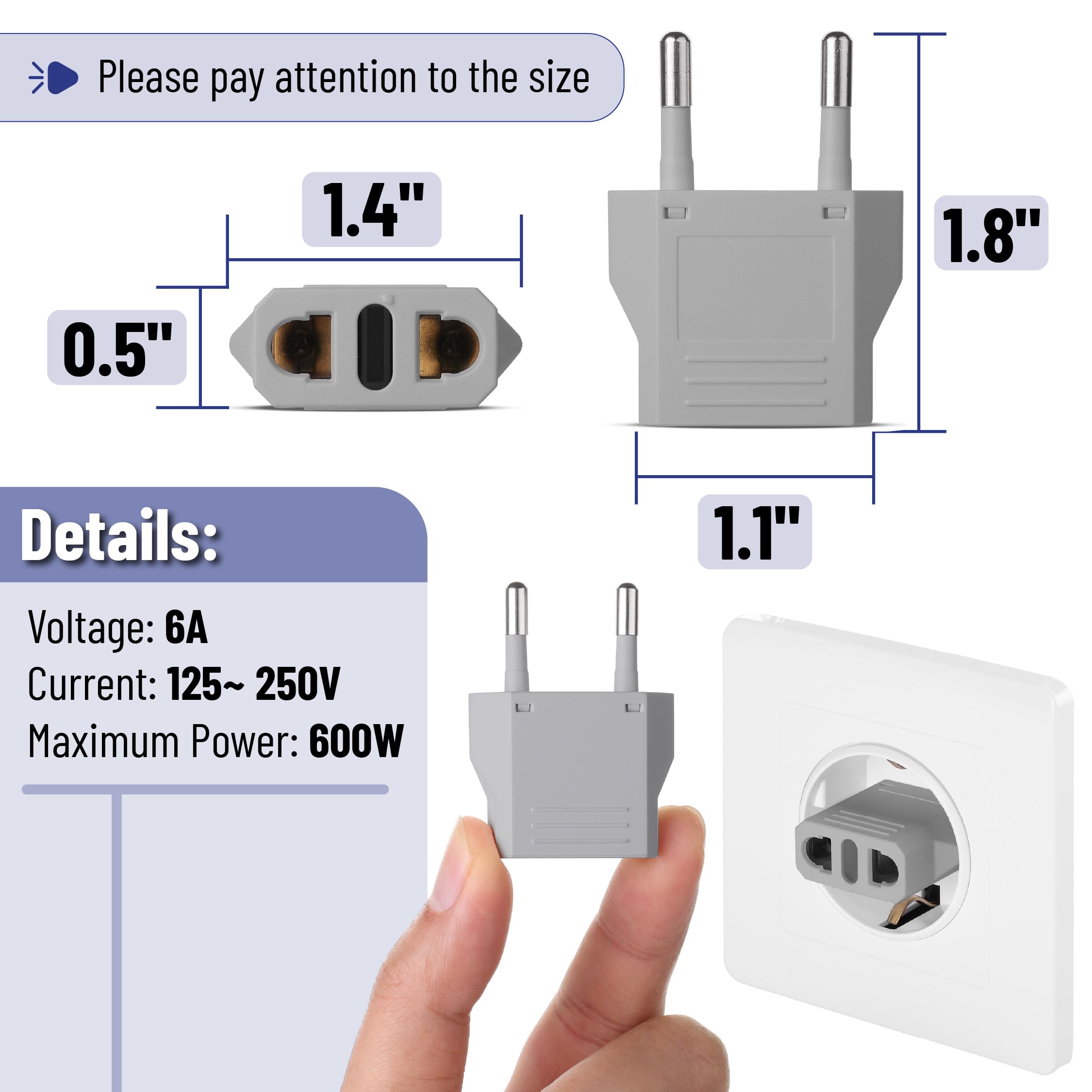 Bates  European Travel Plug Adapter, 3 Pack, Grey Shades, European Plug Adapter, Us To Europe Plug Adapter, Adapter For Europe P