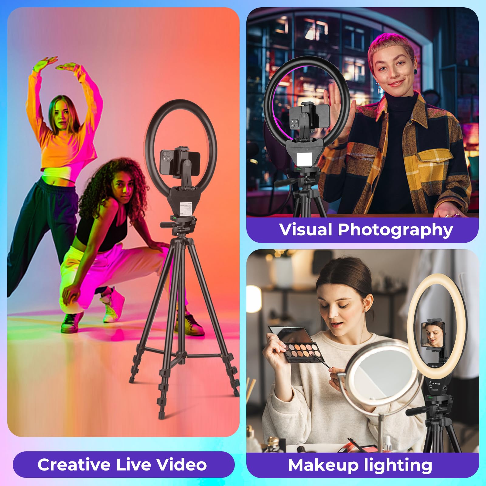 Sensyne 10'' Rgb Ring Light With 50'' Extendable Tripod Stand, Circle Lights With Phone Holder For Live Stream/Makeup/Youtube Vi