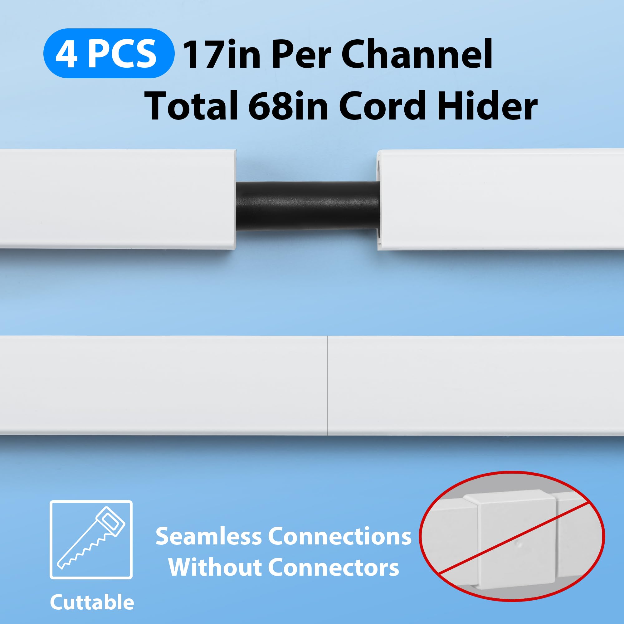 Cord Hider Wall For One Cord 68In (4X L17In), Zhiyo Cord Covers For Wires On Wall, Easy Install Cable Cover Wall, Black Cable Ra