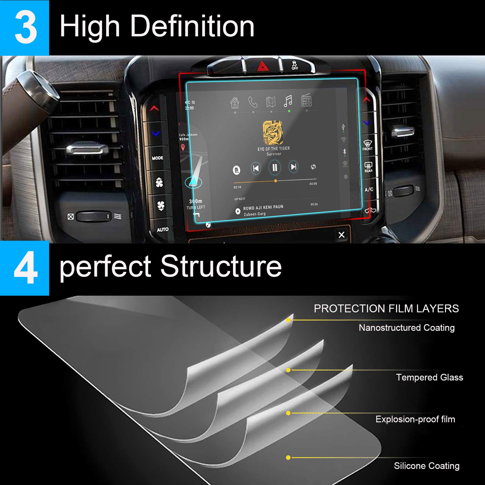 TTCR-II Screen Protector for Ram 1500, Jeep Grand Cherokee, Wrangler JL, Gladiator JT, Compass MP - 8.4" Tempered Glass, Clear