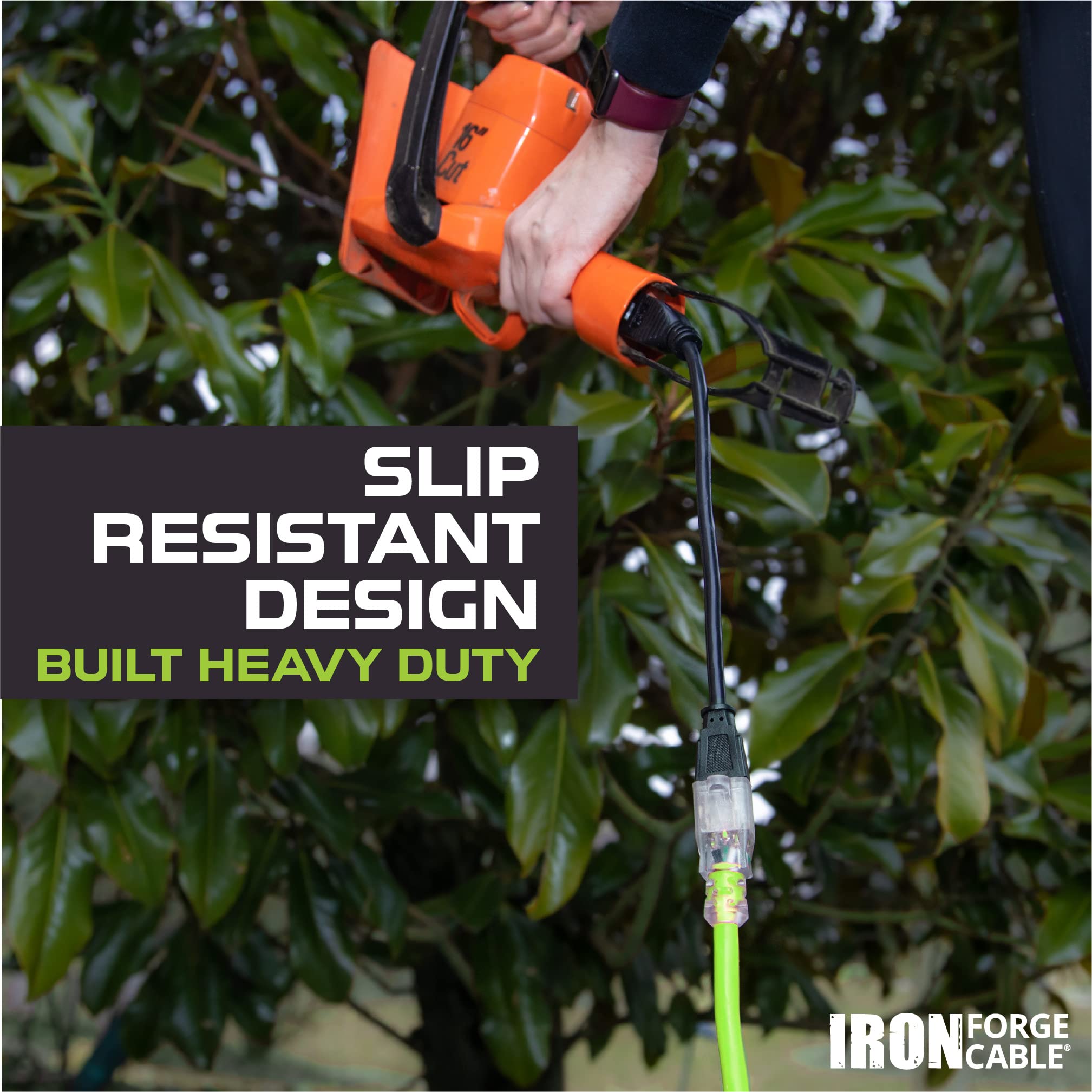 Iron Forge Cable 10 Gauge Extension Cord 10 Ft, 10/3 Heavy Duty Extension Cord 3 Prong Lighted End, Sjtw Weatherproof Light Gree