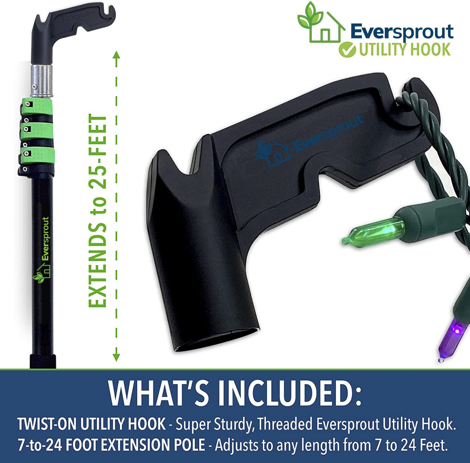 Eversprout 7 To 24 Foot Utility Hook With Extension Pole (30 Foot Reach) | Installing And Hanging Christmas/String Lights, Birdf