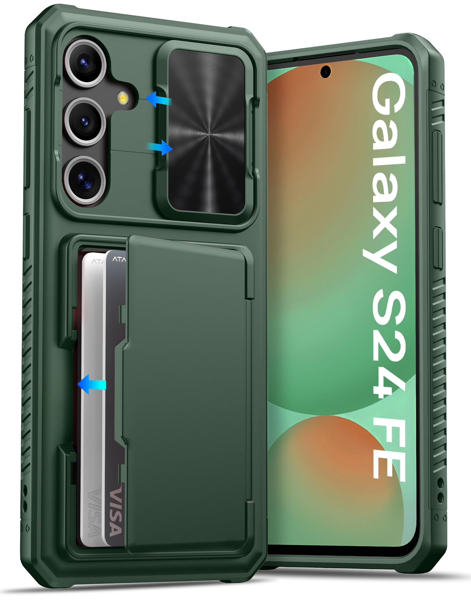 Atatoo For Samsung Galaxy S24 Fe Wallet Case With Card Holder(Store 4 5 Cards) [Rfid Blocking] & Sliding Camera Cover, Military