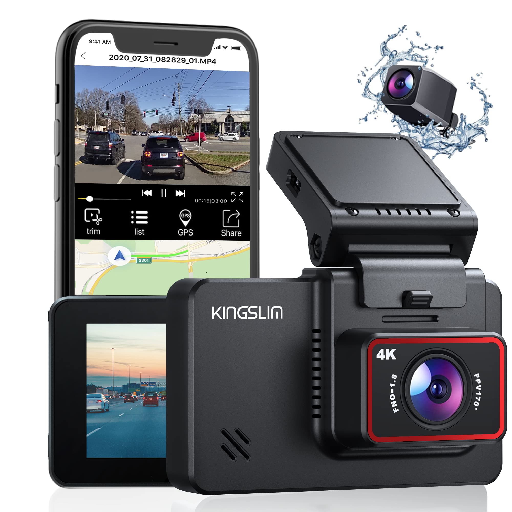 Kingslim D4 4K Dual Dash Cam With Built In Wifi Gps, Front 4K/2.5K Rear 1080P Dual Dash Camera For Cars, 3'' Ips Touchscreen 170