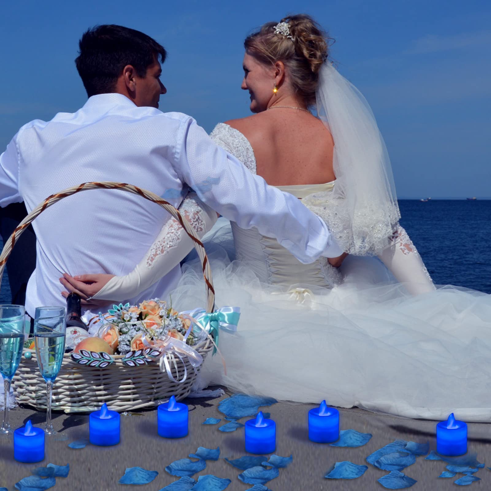 Lanker 500 Pcs Blue Artificial Rose Petals With 24 Pcs Bright Flickering Blue Flameless Led Tea Lights Candles (Blue Lights With