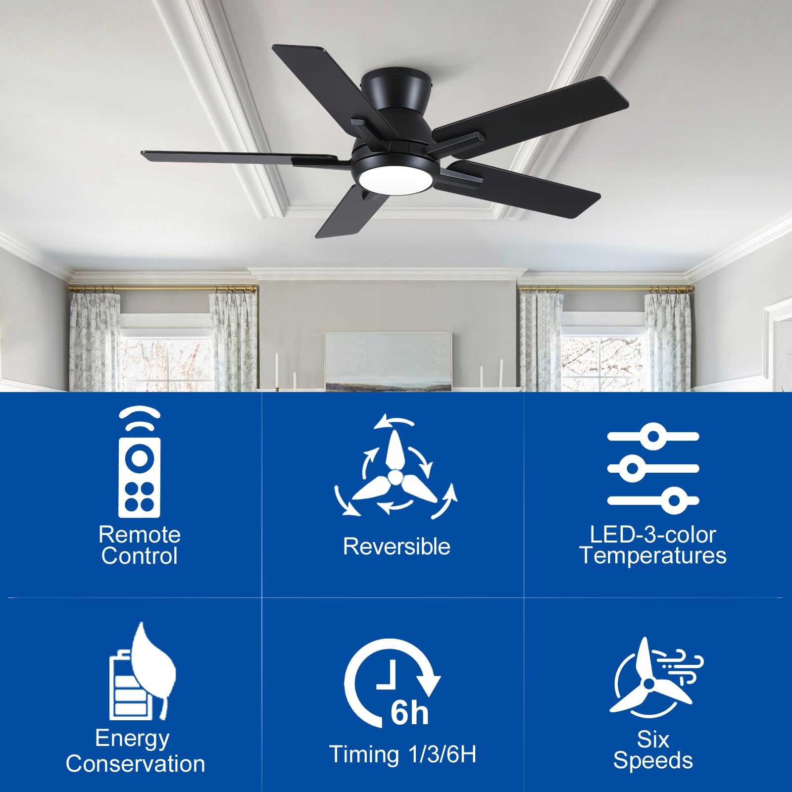 42 Inch Ceiling Fans With Lights,Black Low Profile Ceiling Fan With Light And Remote Control,Flush Mount,6 Speed Reversible Dc M