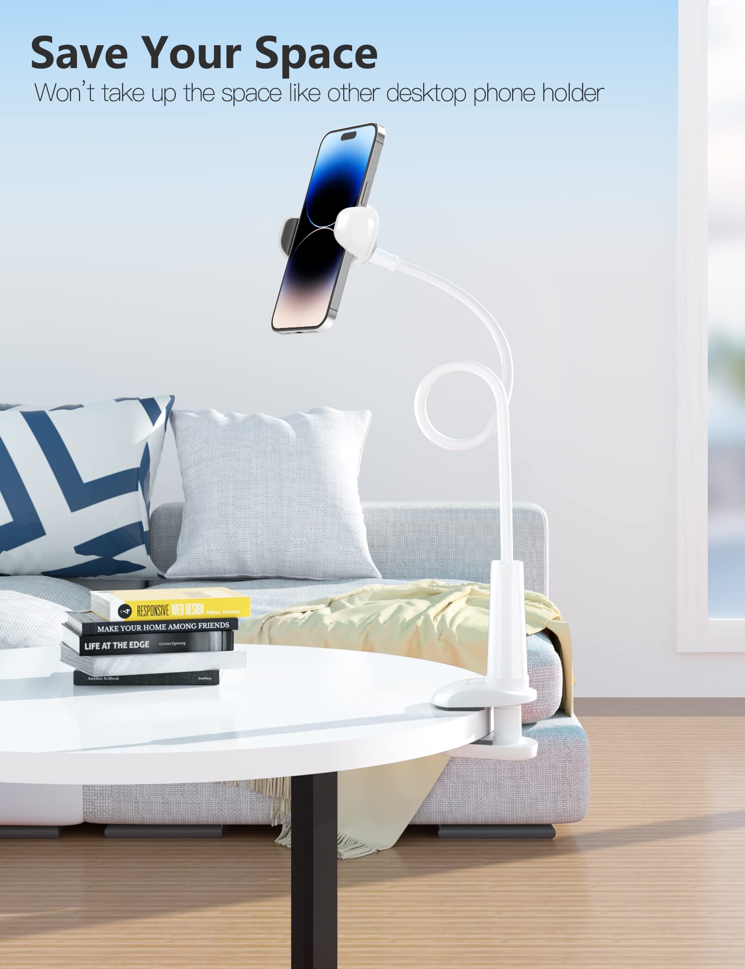 Tryone Gooseneck Phone Holder Stand For Bed Flexible Arm Adjustable Cell Phones Mount Clamp On Desk Compatible With Iphone 12 Pr