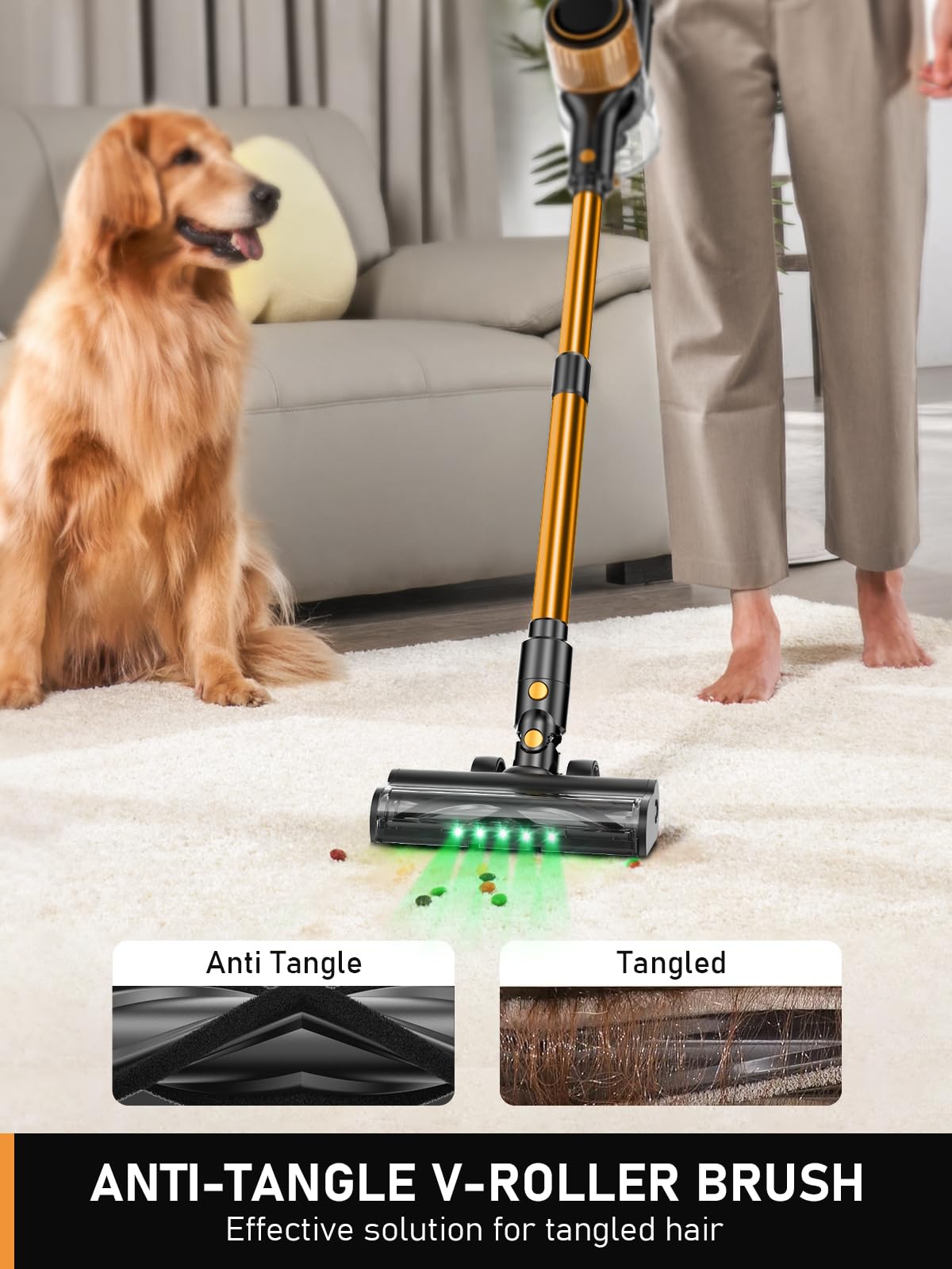 Cordless Vacuum Cleaner, 350W/30Kpa 8 In 1 Stick Vacuum With Anti Tangle Brush, Upgraded Green Led Light, 40Min Runtime, Lightwe