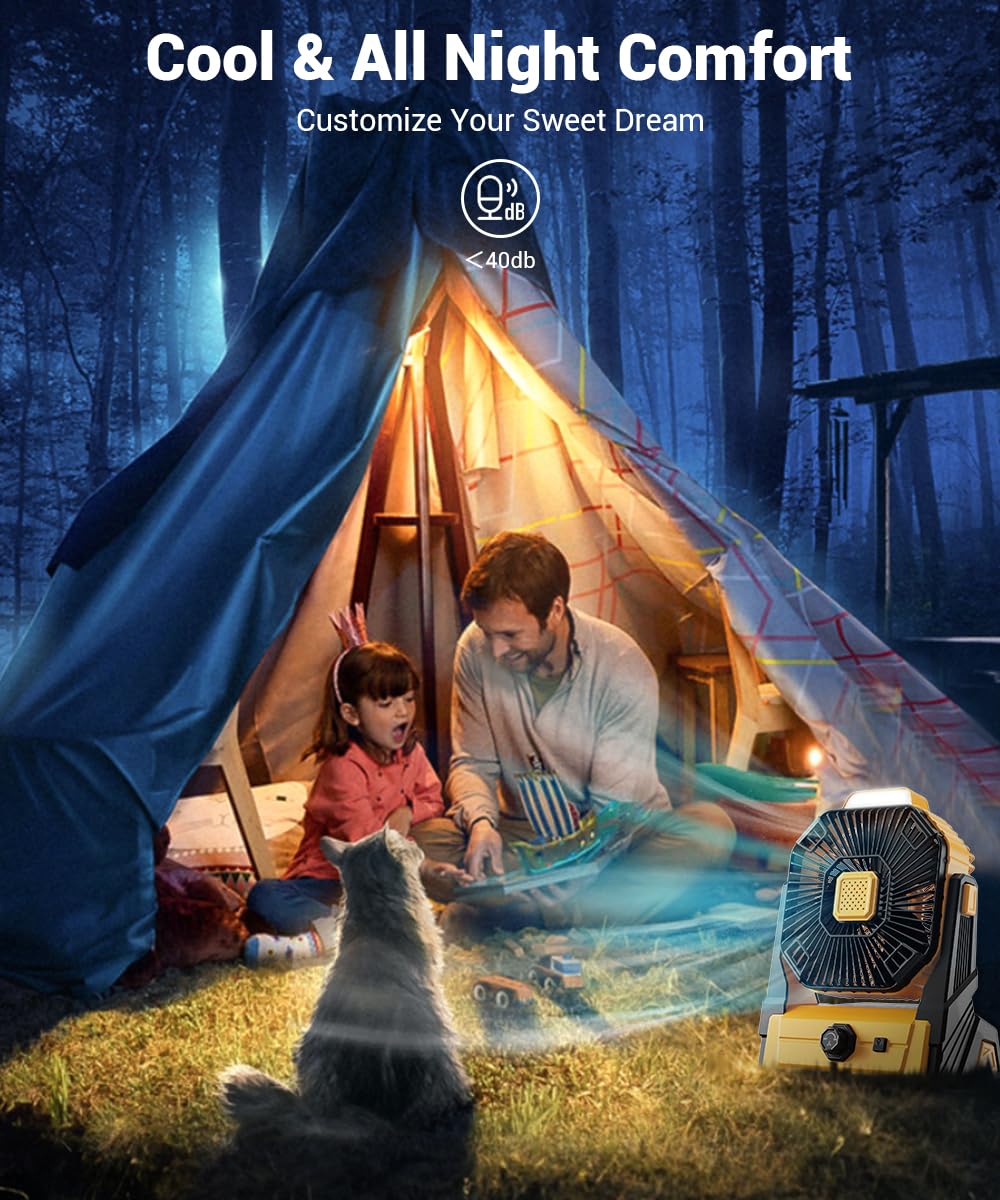 Kopbeau Portable Camping Fan With Lights, 20000Mah Rechargeable Battery Operated Fan, Battery Powered Outdoor Beach Tent Fan Wit