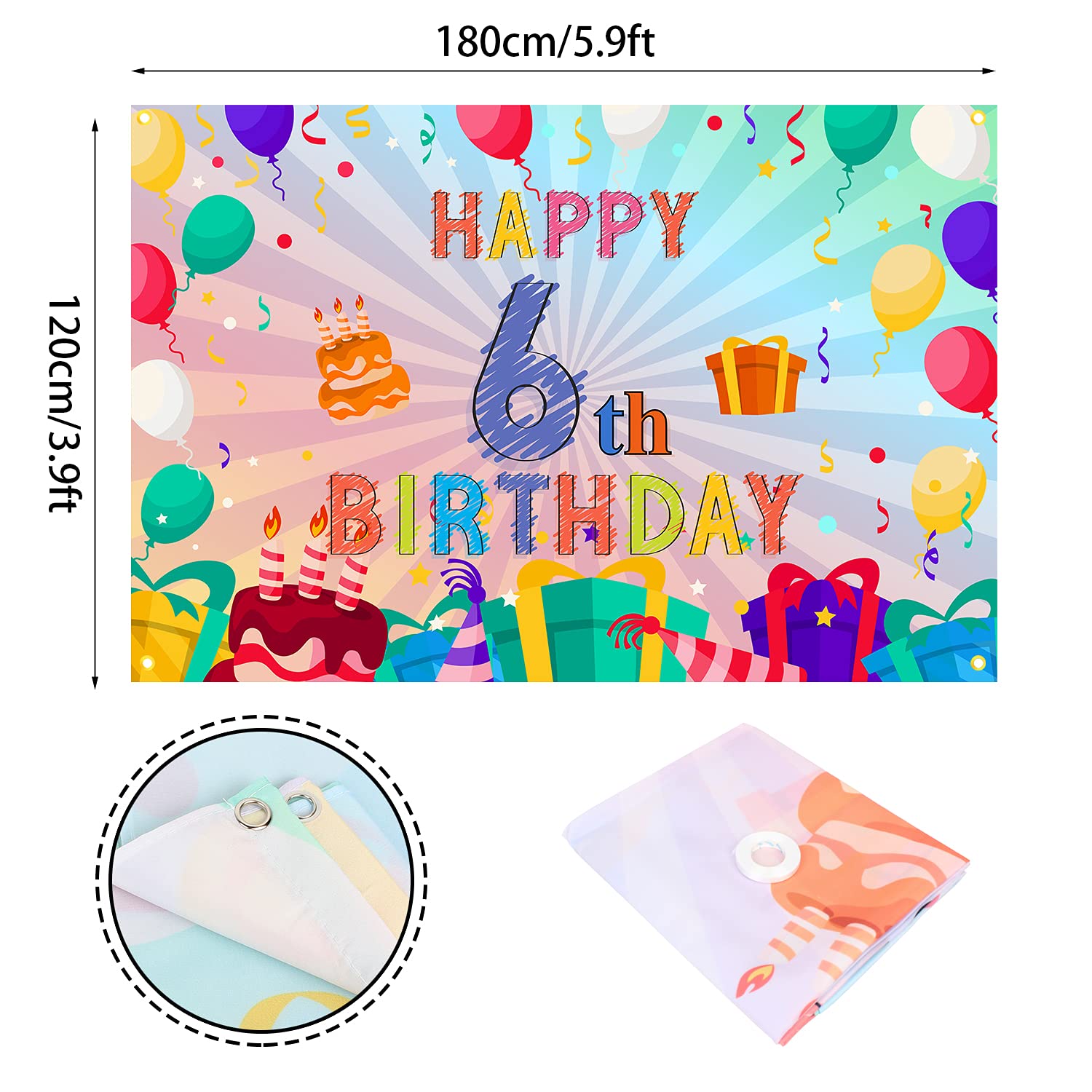 Happy 6Th Birthday Colorful Banner Backdrop Rainbow Color Art 6 Years Old Party Background Decorations For Girls Boys Kids Bday