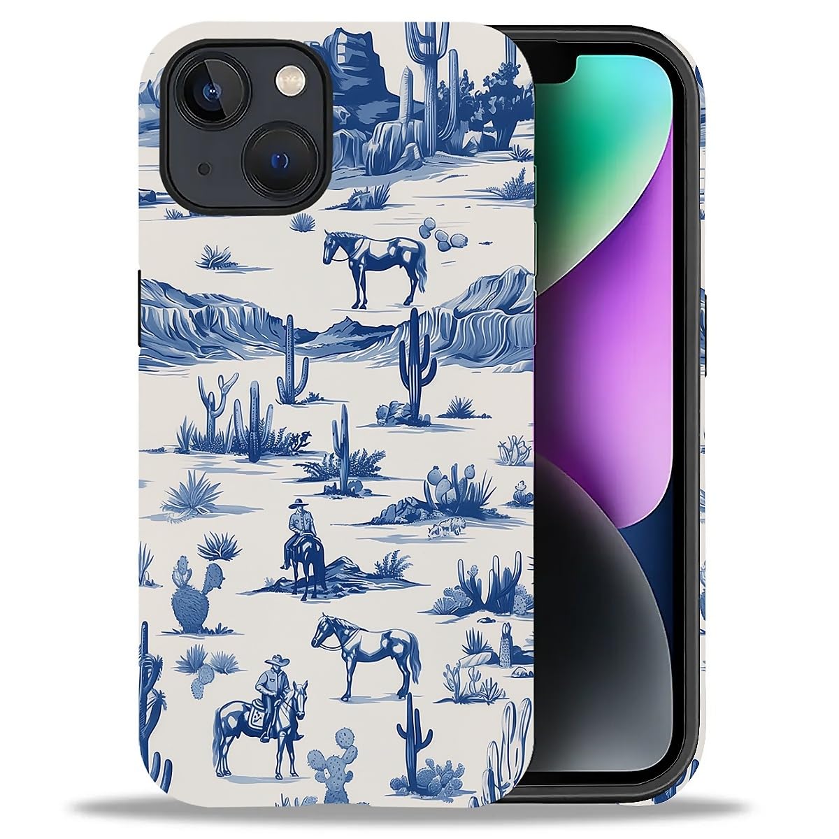 Fkbrcl4U For Iphone 14 Plus Case, Hybrid 2-Layer Silicone Protective Matte Case For Girl Women Western Cowboy Horse Cow Desert C