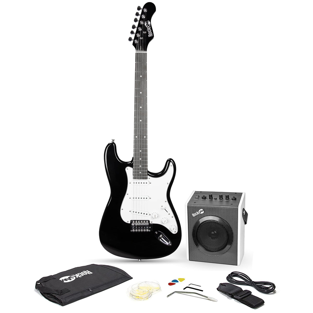 Rockjam 6 String Electric Guitar Kit, Right, Black & White, Full-Size (Eg1-Bk-Sk-V)
