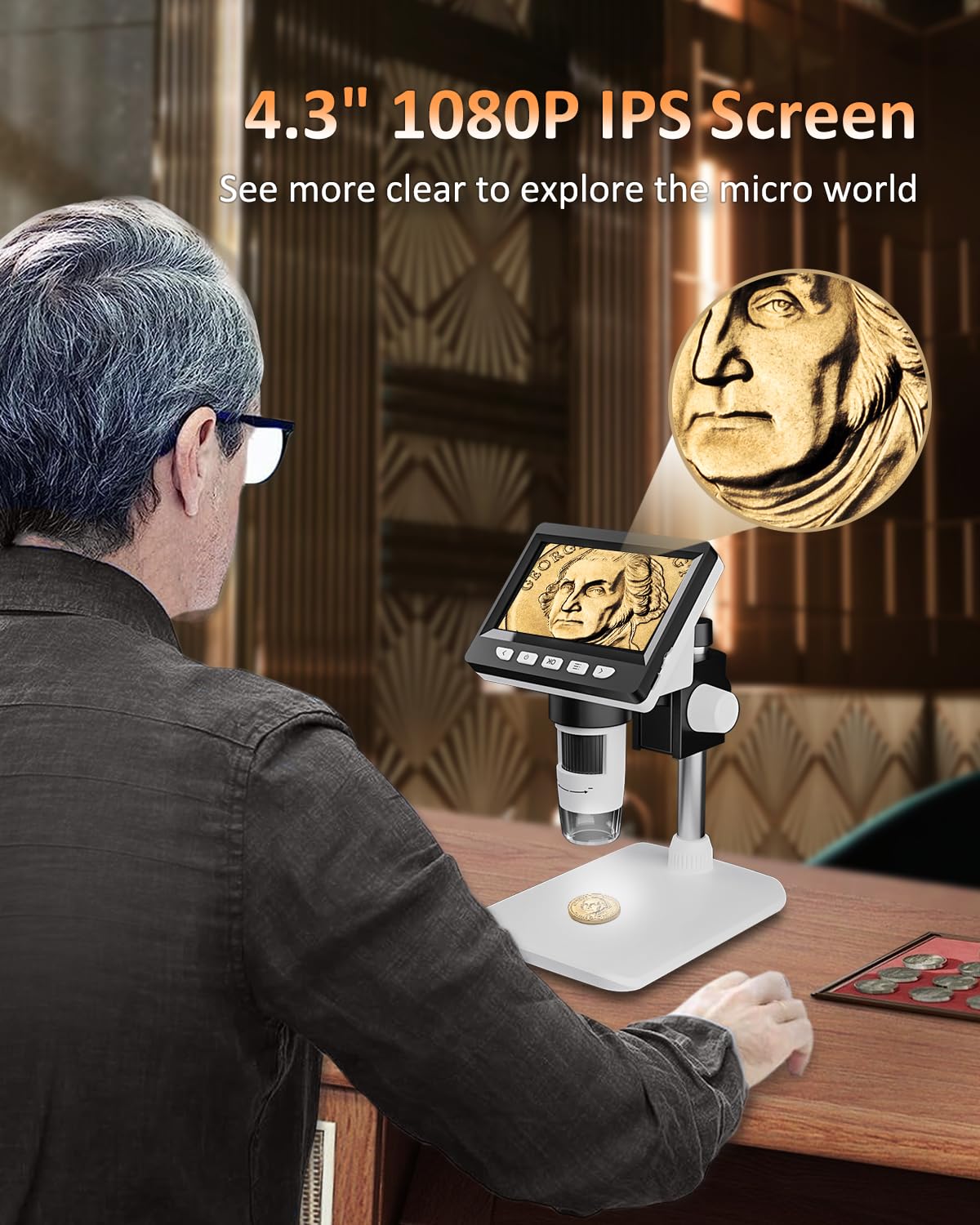 Aopick Coin Microscope - 4.3 Lcd Digital Microscope 1000X, 1080P Usb Coin Microscope For Error Coins With 8 Adjustable Led Light