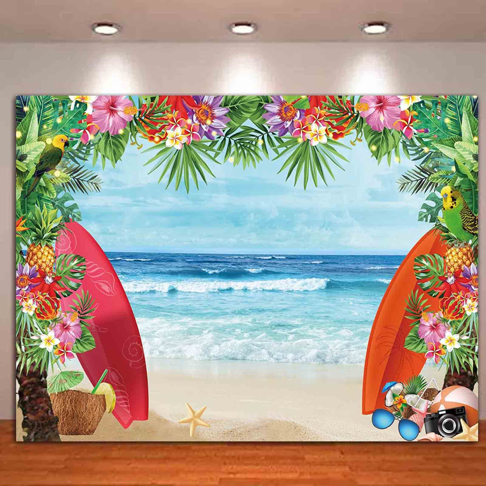 Hqm Summer Tropical Beach Theme Photo Background 5X3Ft Fabric Beach Conch Hawaii Blue Sea Flower Children Birthday Luau Party Ph