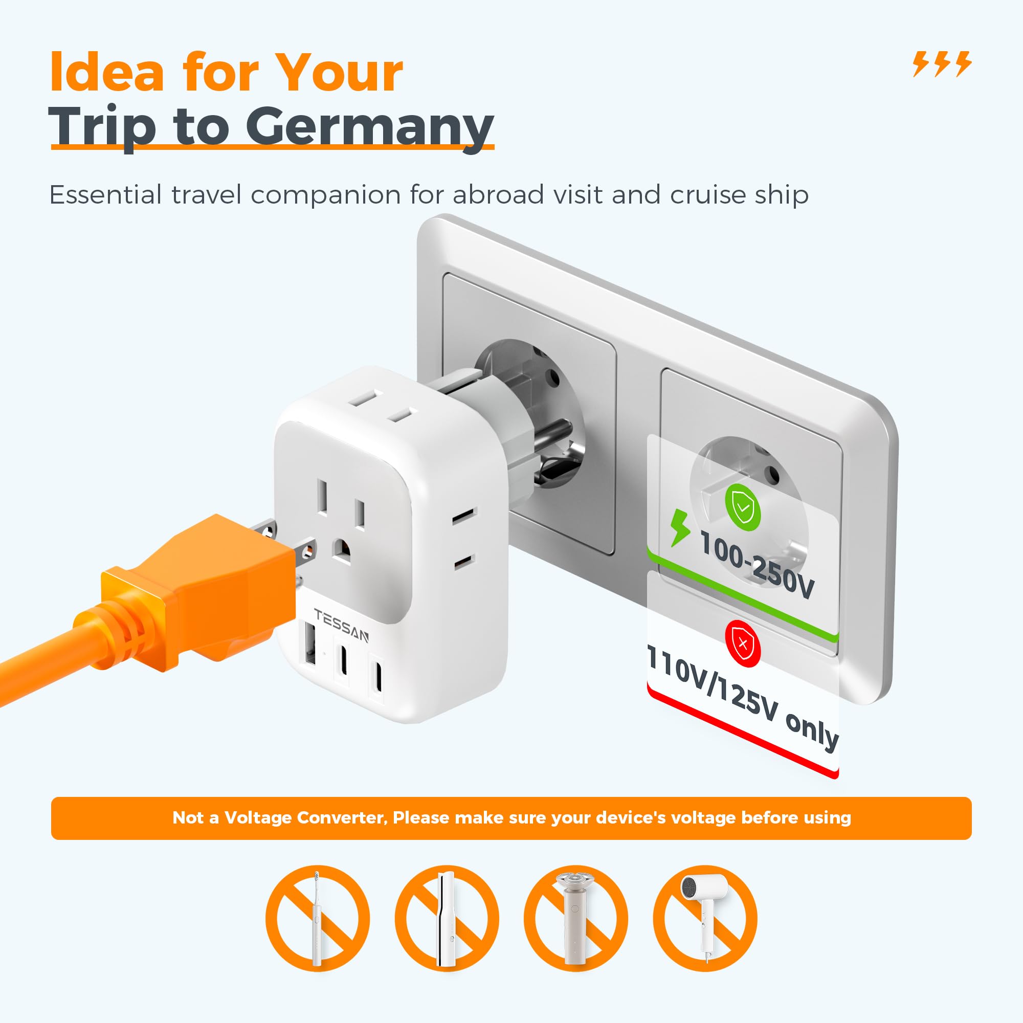 Tessan Type E F Plug Adapter, France Power Adaptor With 3 Usb Ports(2 Usb C), 4 Ac Outlets Travel Converter Us To Europe Eu Germ