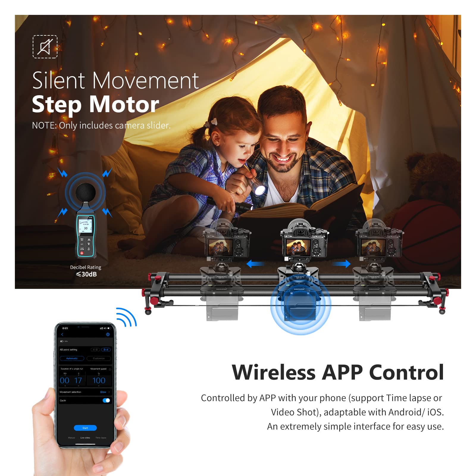 Neewer 31.5''/80Cm Motorized Camera Slider, App Wireless Control Carbon Fiber Dolly Rail Slider, Support Video Mode, Time Lapse