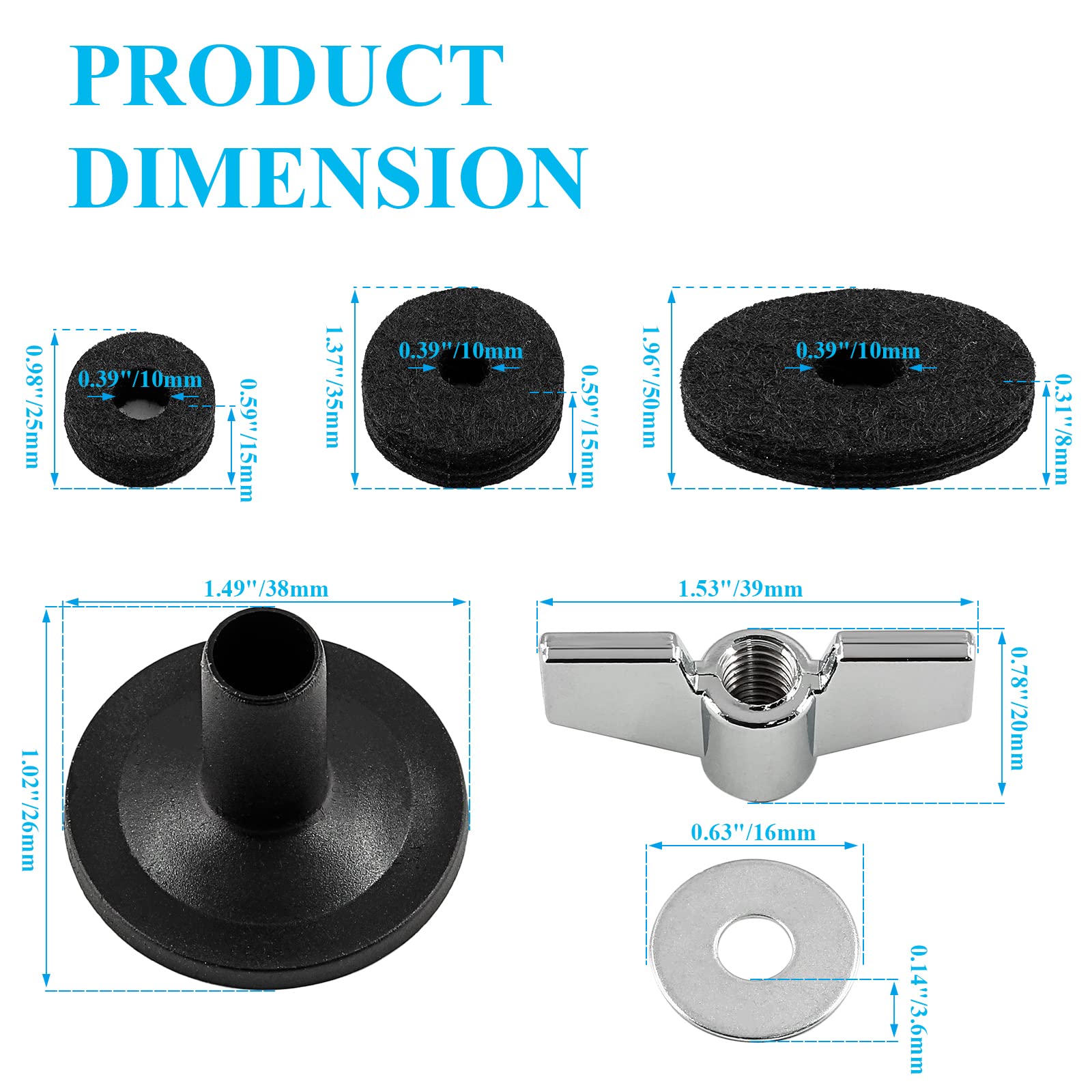 Jiozermi 21Pcs Cymbal Replacement Accessories, Cymbal Parts Include Felt Cymbal Sleeves With Base, Washers, Wing Nuts, Cymbal Fe