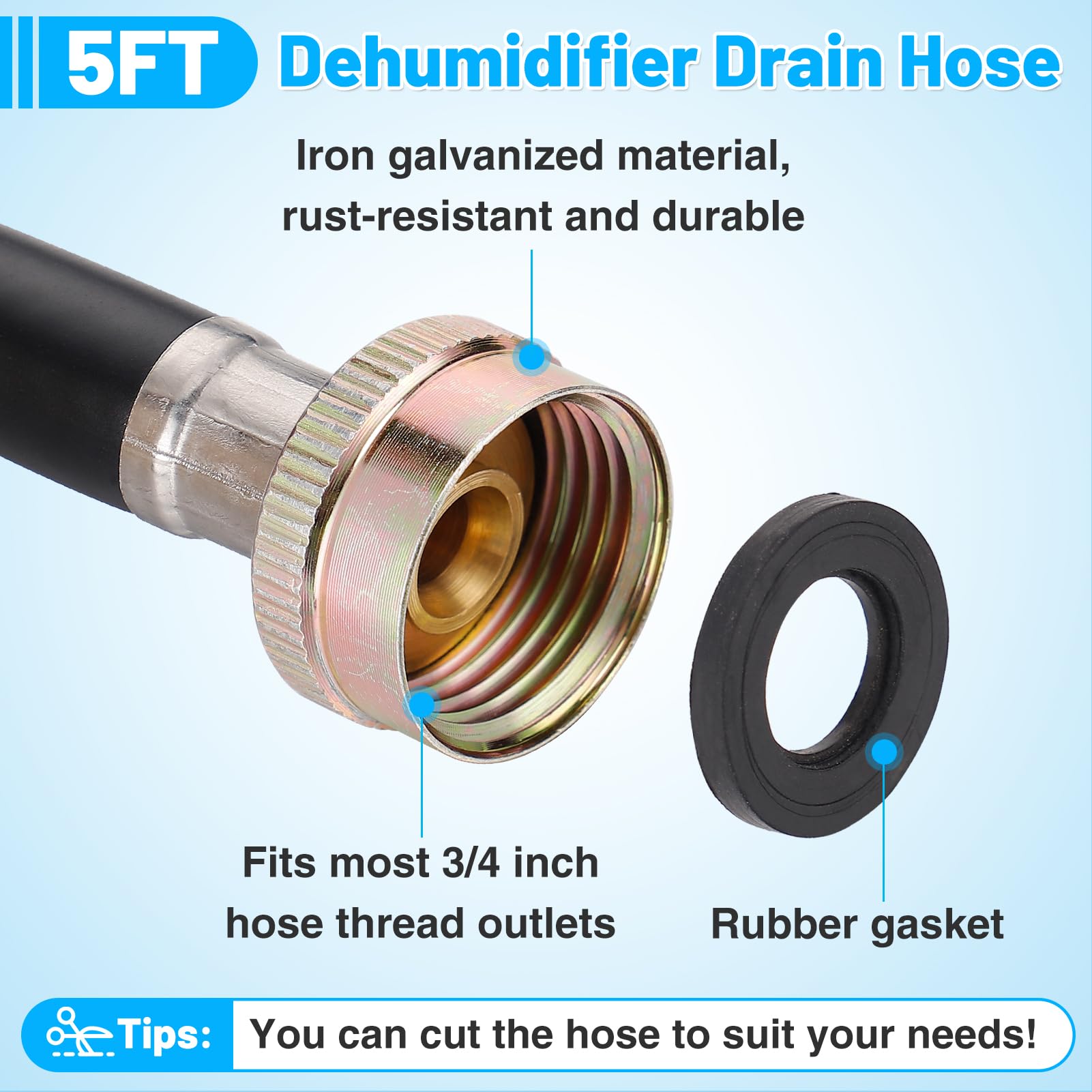 Leakproof Dehumidifier Drain Hose 3/4'' Fht   5 Ft Thickened Dehumidifier Hose With Rustproof Durable Connector, No Kink And Eas