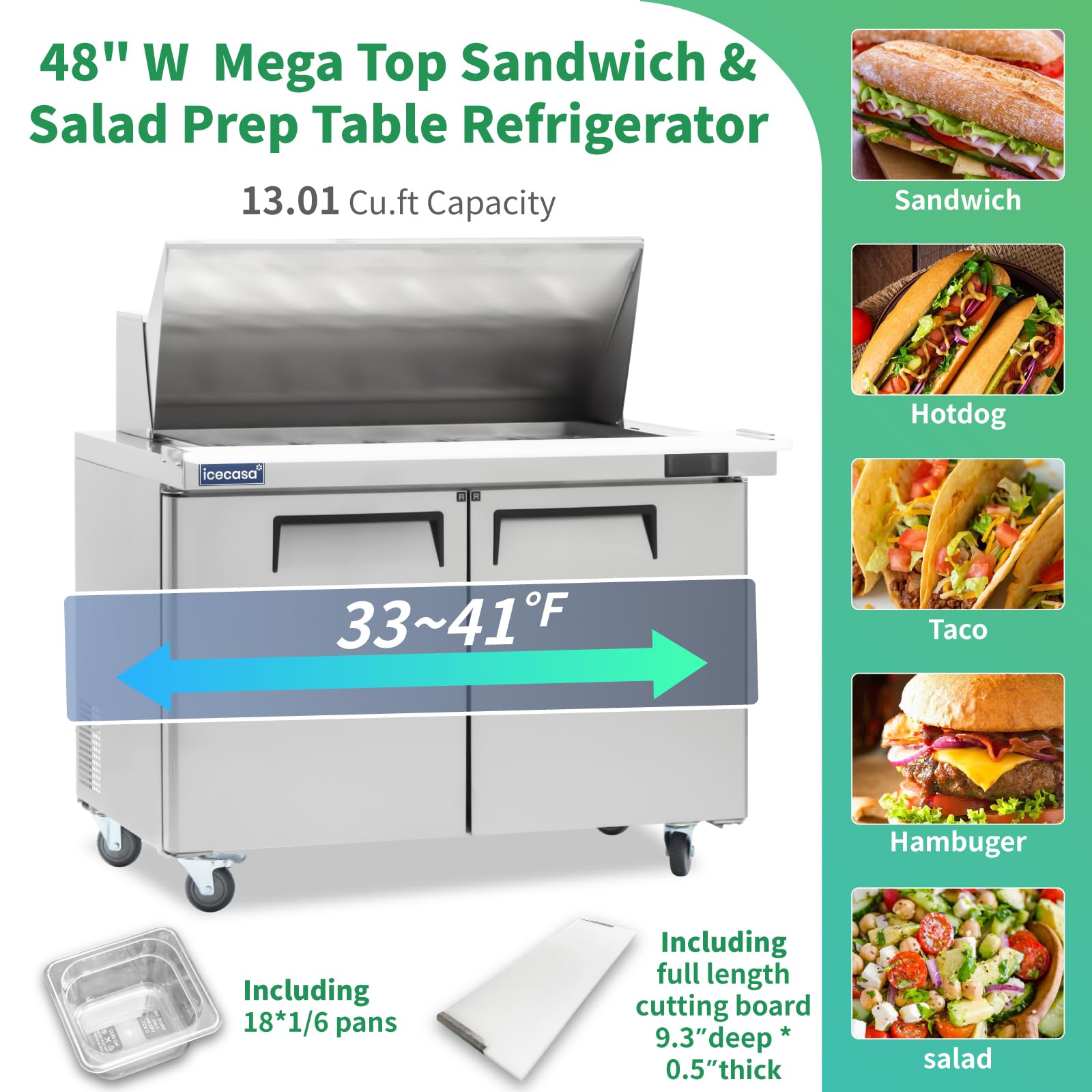 Icecasa 48'' W Commercial Refrigerator Sandwich&Salad Prep Table Mega Top Single Door Stainless Steel Counter Fan Cooling Refrig