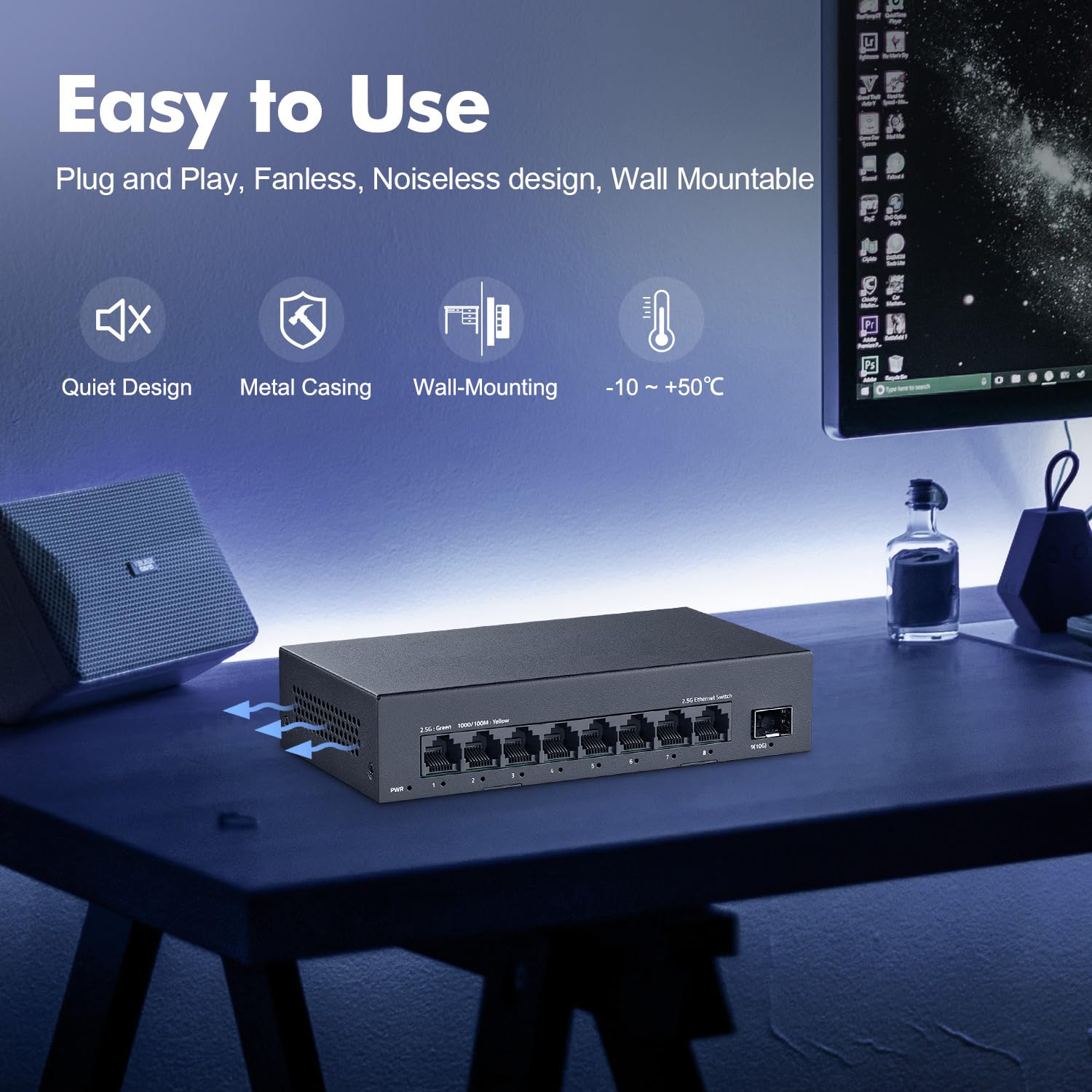 Yulinca 8 Port 2.5G Unmanaged Switch, 8 X 2.5Gbase T Ports With 10G Sfp+, 60Gbps Switching Capacity, Fanless Plug & Play 2.5Gb N