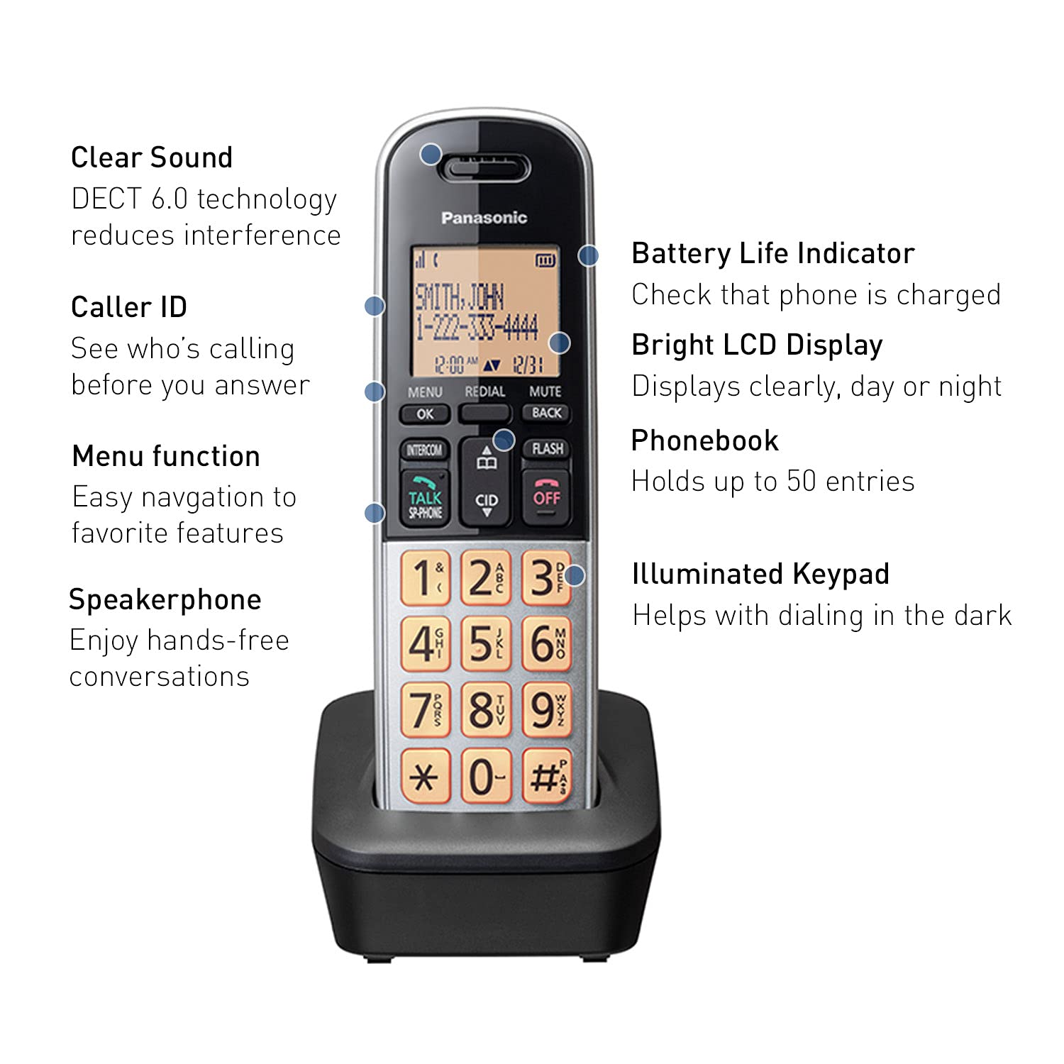 Panasonic Compact Cordless Phone With Dect 6.0, 1.6'' Amber Lcd And Illuminated Hs Keypad, Call Block, Caller Id, Multiple Displ