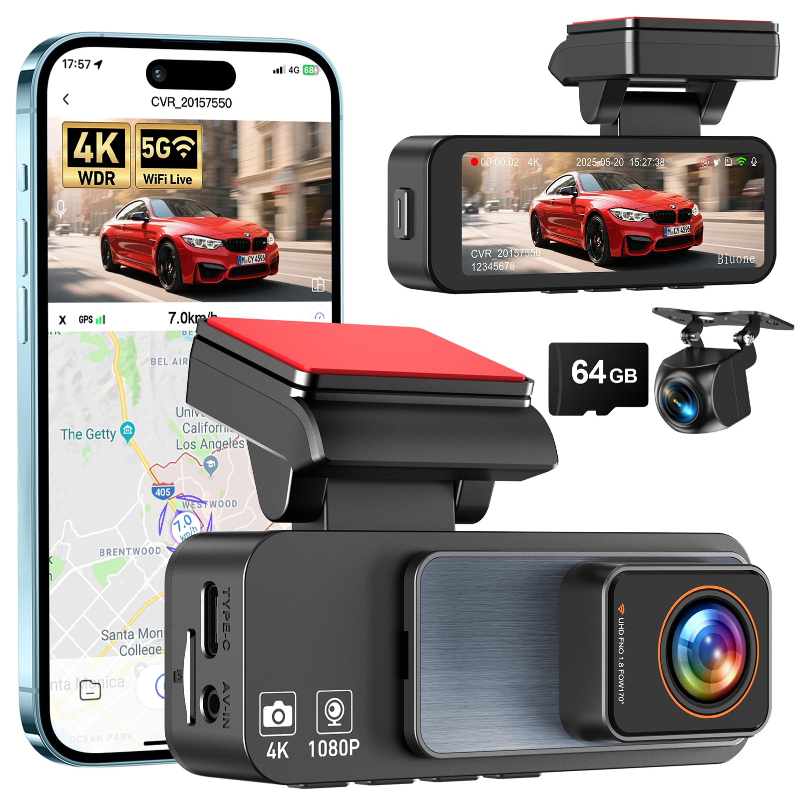 Dash Cam Front And Rear, 4K Dash Camera For Cars Built-In 5G Wifi & Gps, 3.2'' Ips Screen Dash Cam W/ 64Gb Card, Dual Dashcam W/
