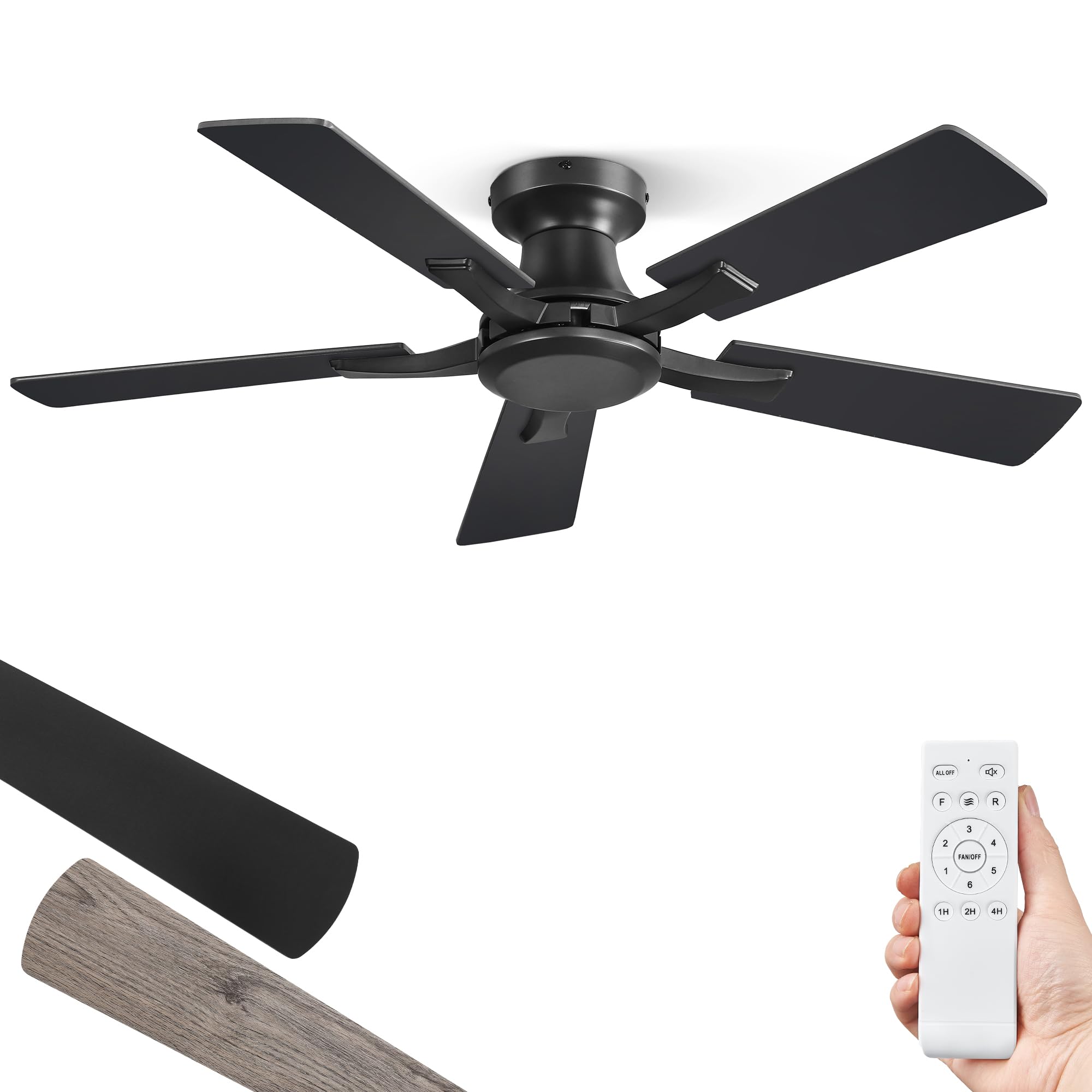 ZMISHIBO 42 Inch Ceiling Fan No Light, Flush Mount Low Profile, Modern Black Ceiling Fan Without Light, Remote Control & Quiet D
