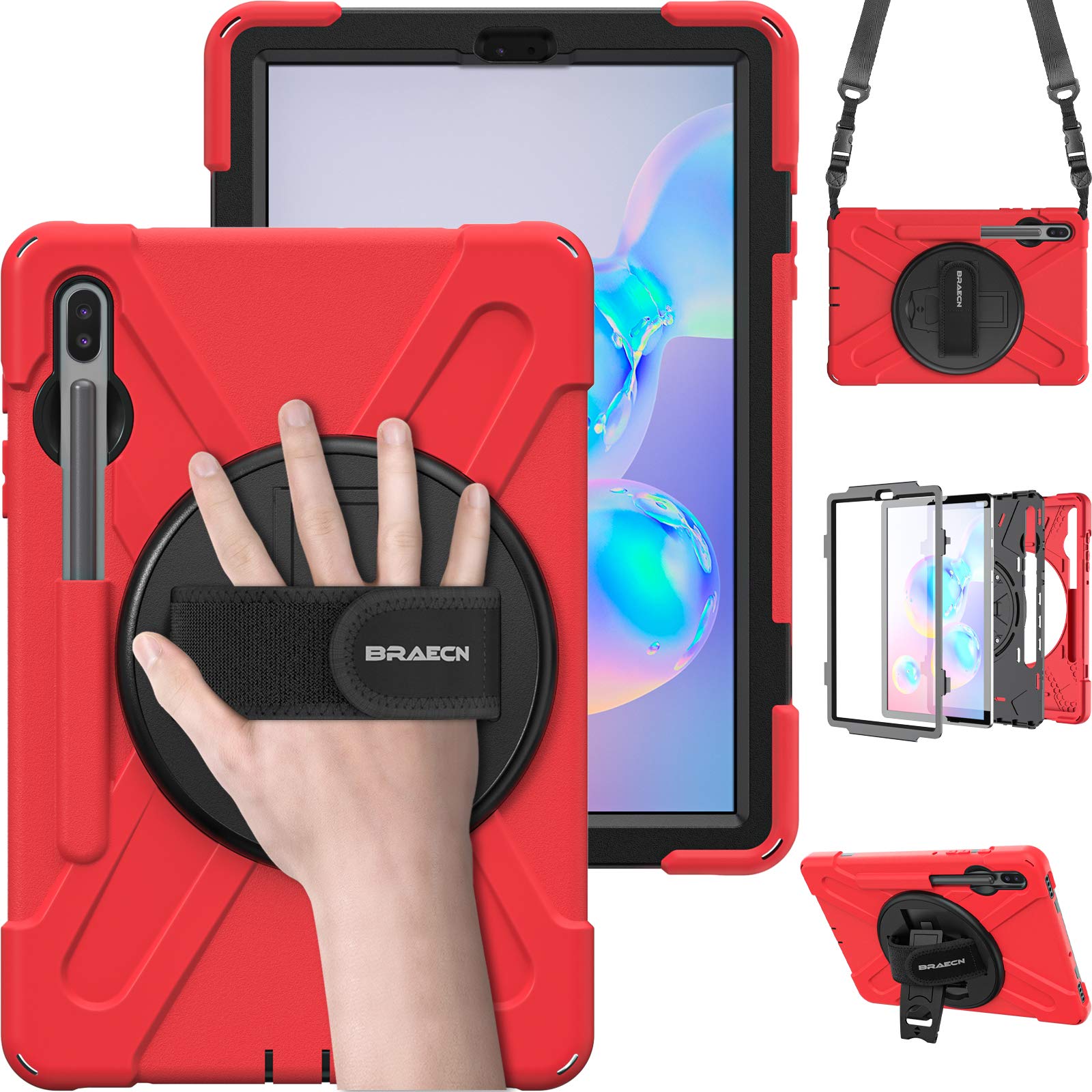 BRAECN for Galaxy Tab S6 Case,[with S Pen Holder] Three Layers Heavy Duty Shockproof Case with Hand Strap,Shoulder Strap,360 Kic