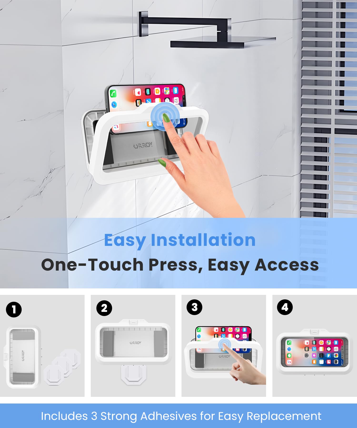 Urroy Shower Phone Holder Waterproof One-Touch Open Shower Phone Case Anti-Fog & Sensitive Touchscreen Bathroom Wall Phone Mount