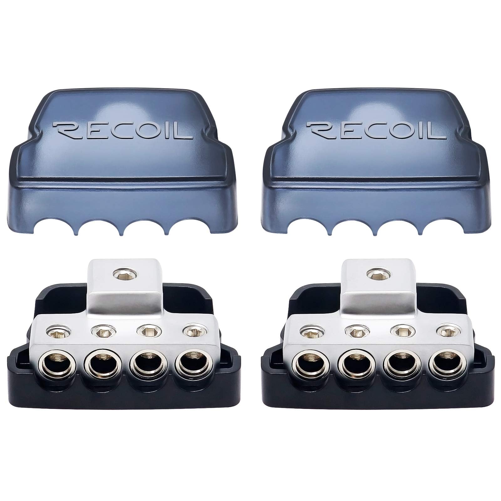 RECOIL DB14P 4 Way Power Distribution Block, 1 X 0/2/4 Gauge in / 4 X 4/8 Gauge Out Power Distribution Ground Distributor Block 