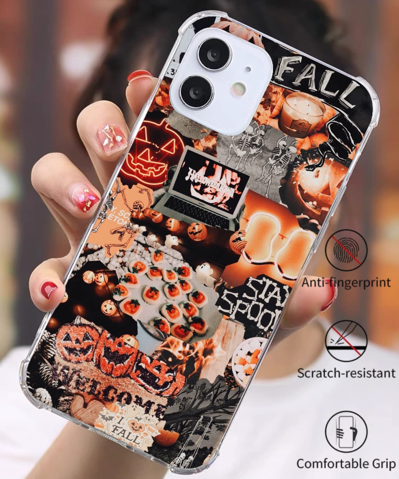 Aesthetic Halloween Collage Case For Iphone 12/Iphone 12 Pro, Orange Halloween Cookies Pumpkin Skeleton Collage For Girls Boys M