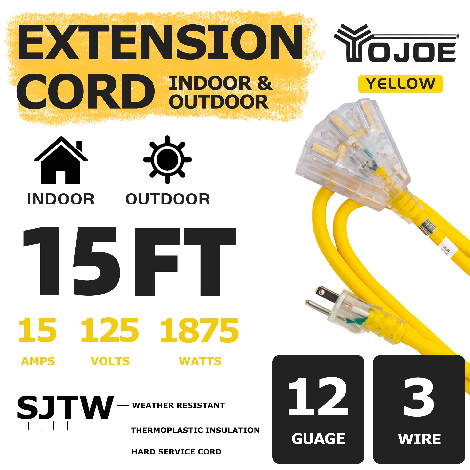 Yojoe 3 Outlets Indoor Outdoor Extension Cord With Lighted End, 3 Prong 15A Weatherproof Power Cord, 12 Gauge Heavy Duty 15 Ft Y