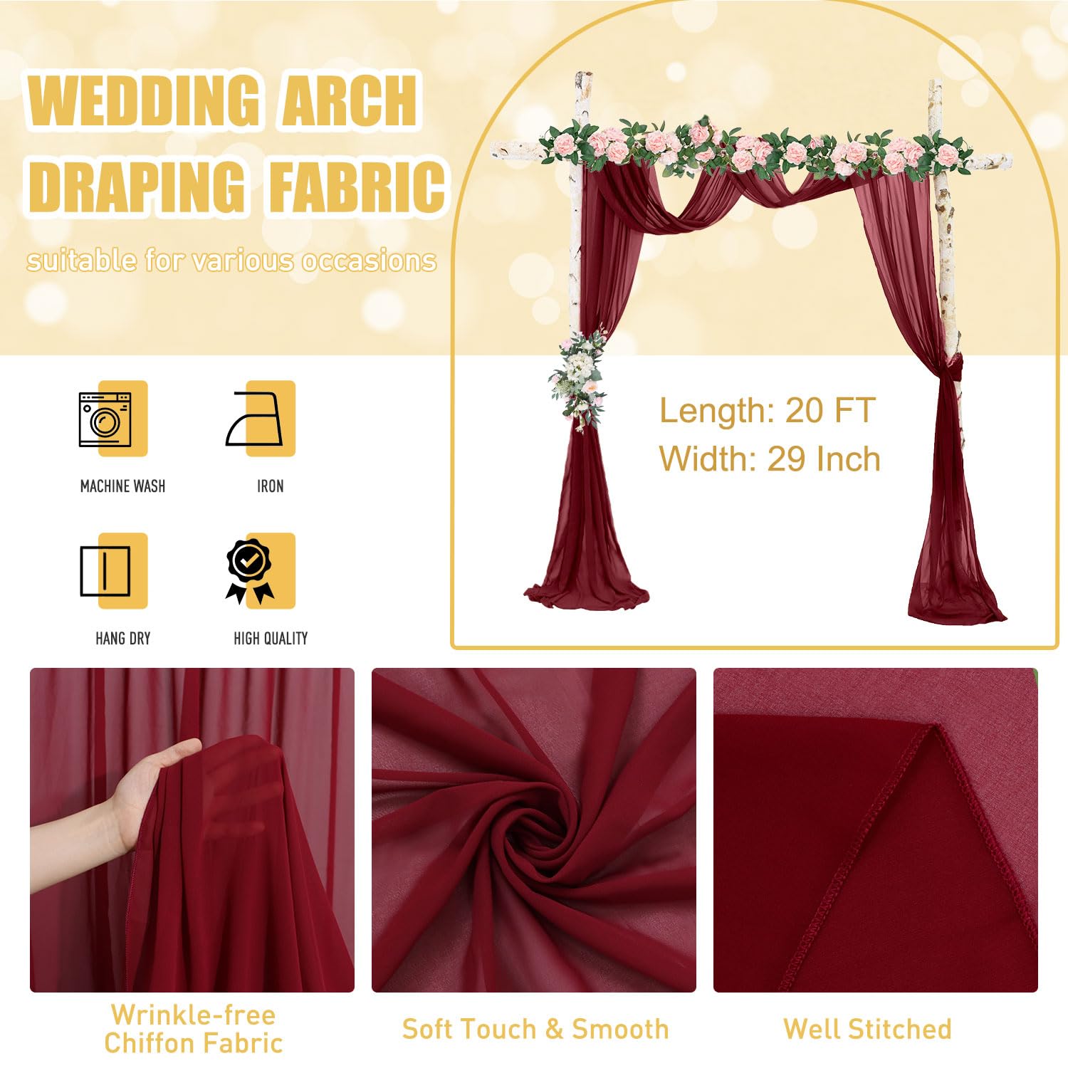 Fuhsy Wedding Arch Draping Fabric Burgundy Sheer Curtain Drapes 29'' X 20Ft 1 Panel Drapery Fabric Chiffon Backdrop Curtains Mar
