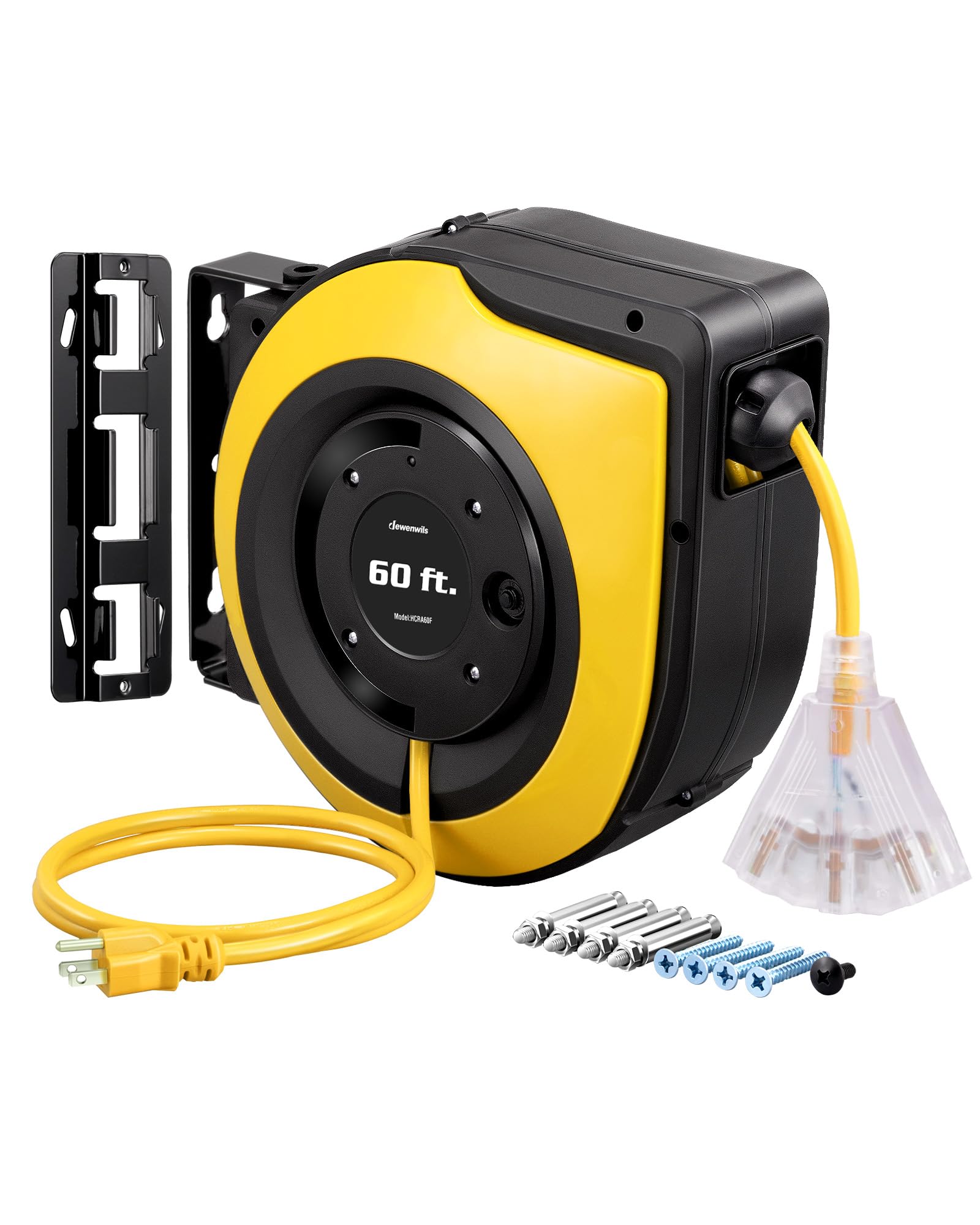 Dewenwils Retractable Cord Reel, 60Ft Heavy Duty Extension Cord, 12Awg/3C Sjtow, 3 Grounded Outlets Lighted Triple Tap, 15A Circ